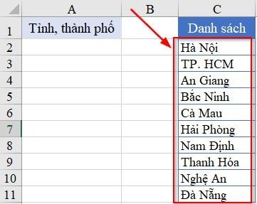 Danh sách tỉnh thành phố chuẩn bị sẵn